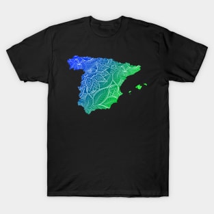 Colorful mandala art map of Spain with text in blue and green T-Shirt